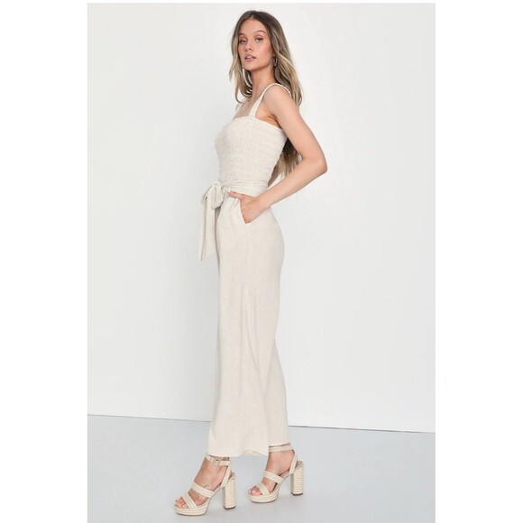 Lulus Beige Linen Blend Smocked Wide-Leg Jumpsuit Size XS Boho Euro Chic W Belt - Picture 7 of 11